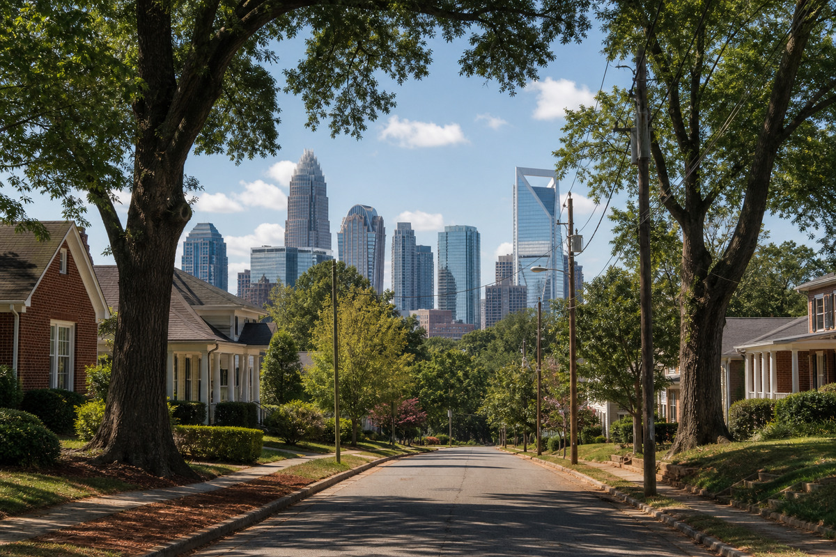 Uptown Charlotte skyline seen from a tree lined residential street in the Piedmont