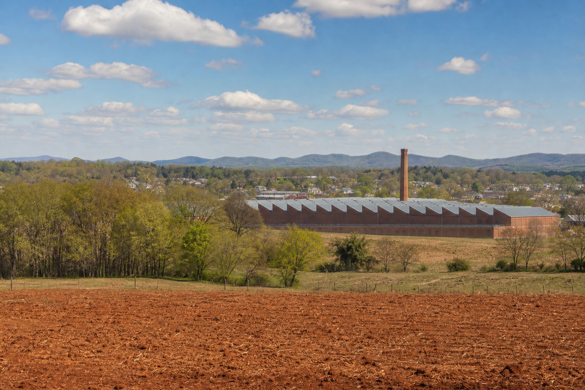 Rolling red clay farmland and a brick furniture plant on the edge of a Piedmont Triad town