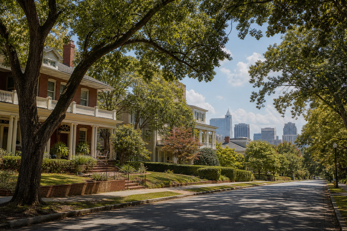 Raleigh skyline behind an oak shaded street of older brick and frame houses
