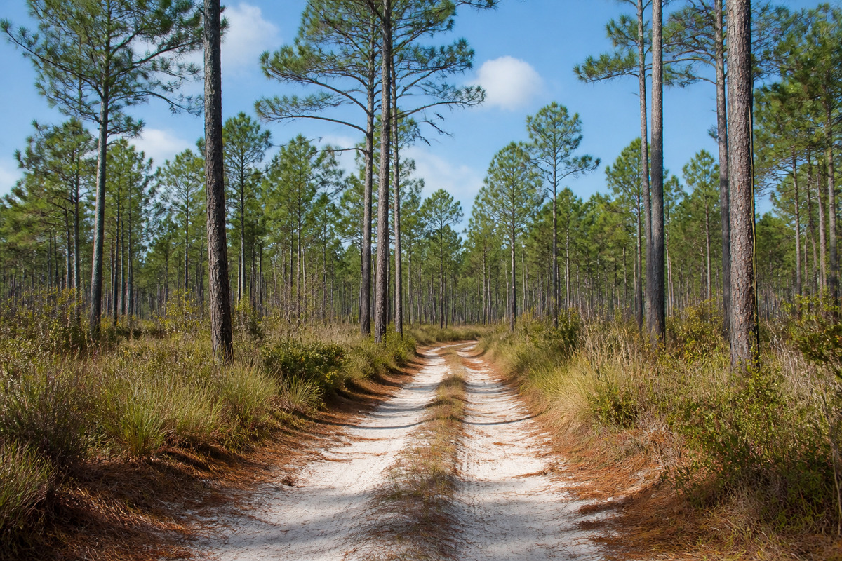 Longleaf pines over a sandy lane in the North Carolina Sandhills