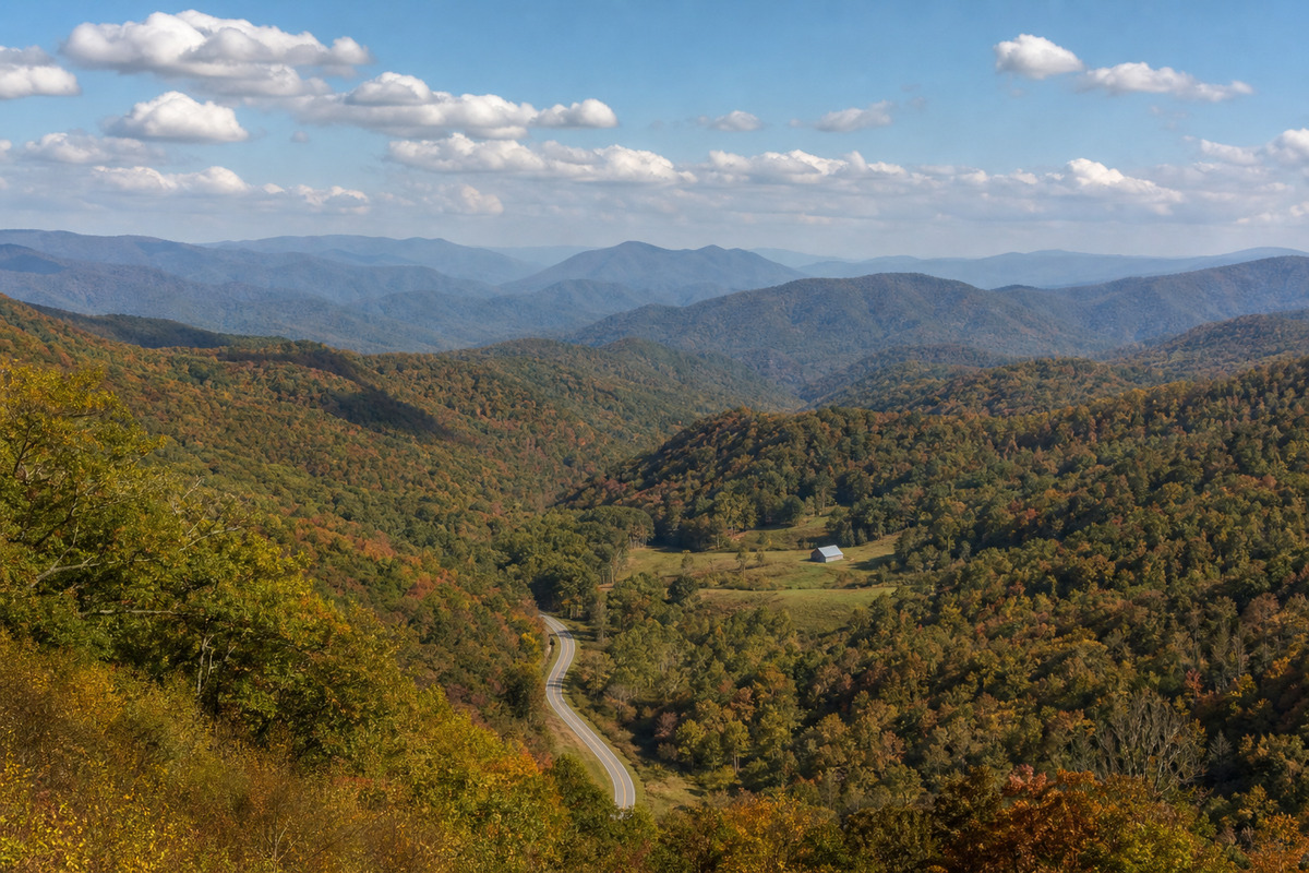 Blue Ridge mountain ridgelines above a narrow valley road in western North Carolina
